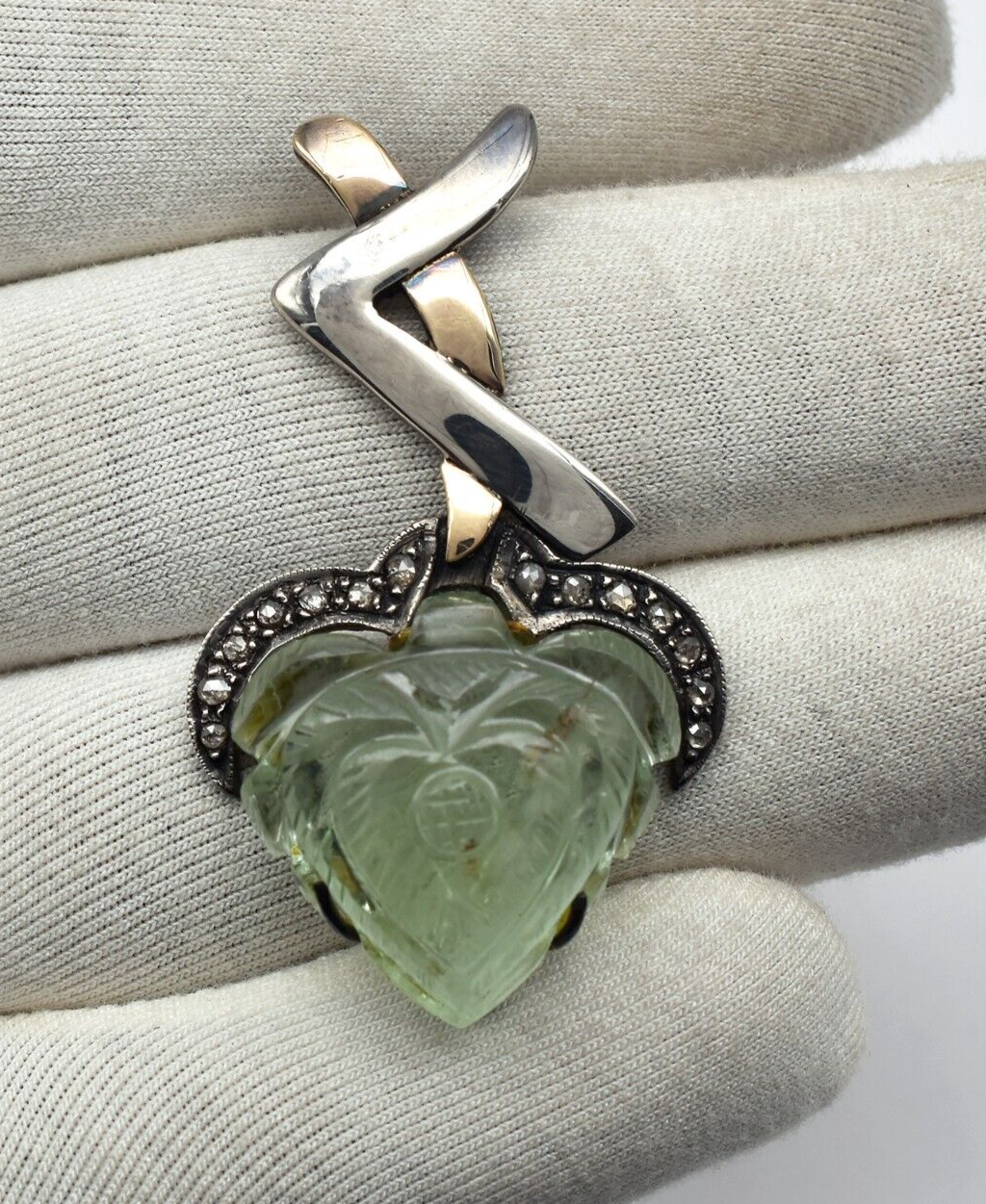 Natural Green Aquamarine Engraved 18K Gold Diamond 925 Silver Victorian Pendant