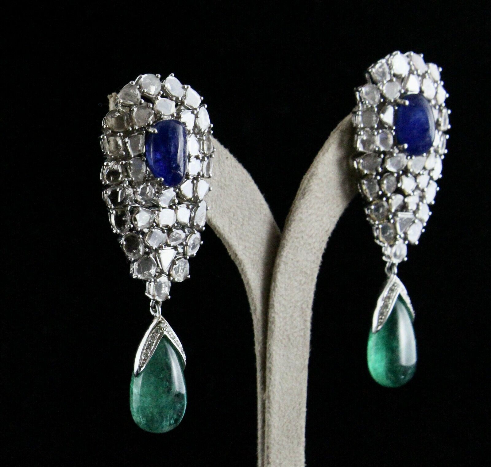 Natural Blue Sapphire Emerald Cabochon Diamond 18K Gold Classic dangle Earring