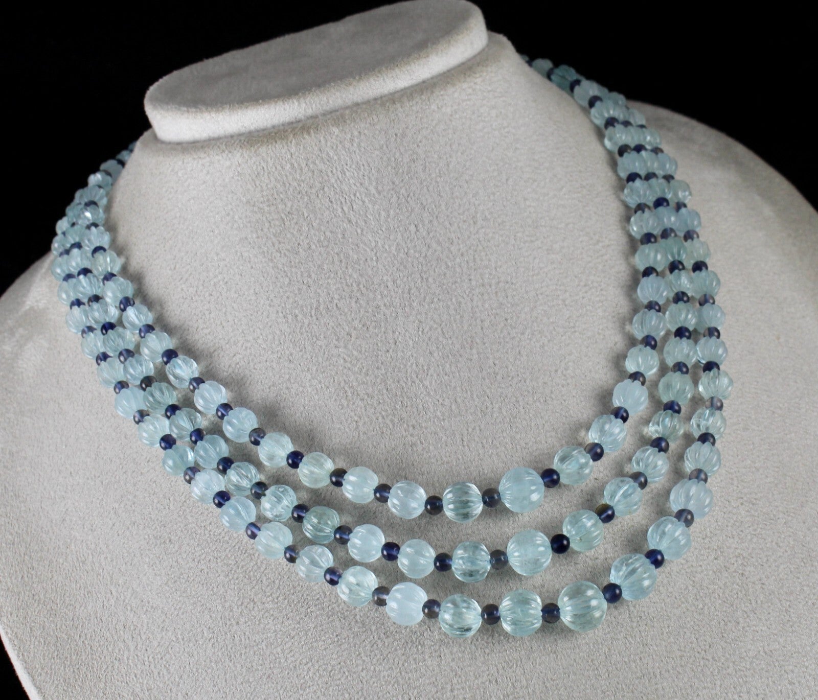 Certified Natural Aquamarine 347 Ct Iolite Carved Melon Gemstone Necklace