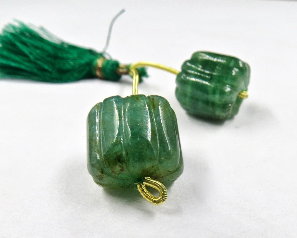 Certified 13mm Natural Emerald Carved Gemstone Bead Pair 36 Ct Earring Design