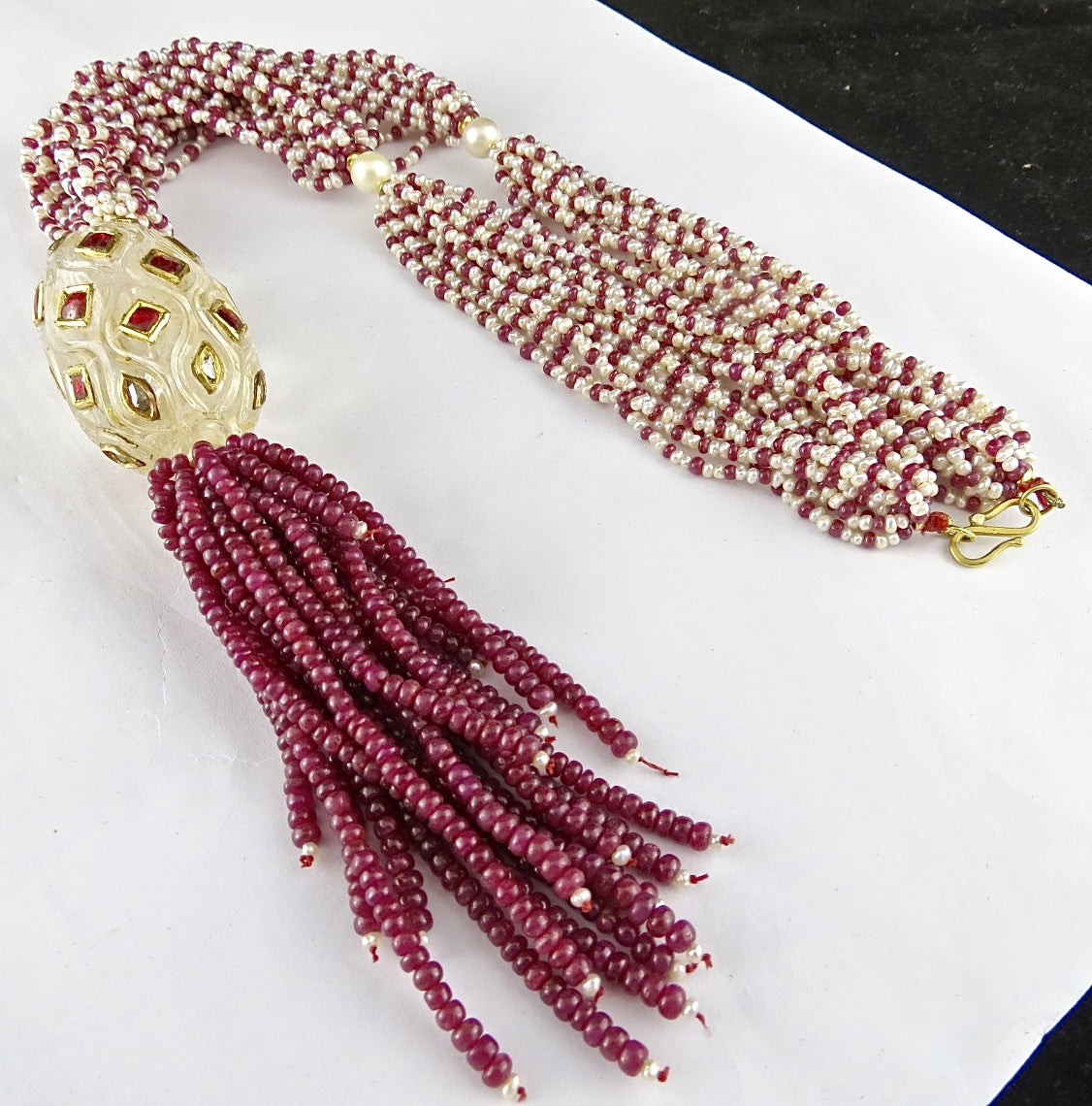 Antique Natural Rock Crystal Quartz 896ct 22k Gold Ruby Pearl Necklace Certified