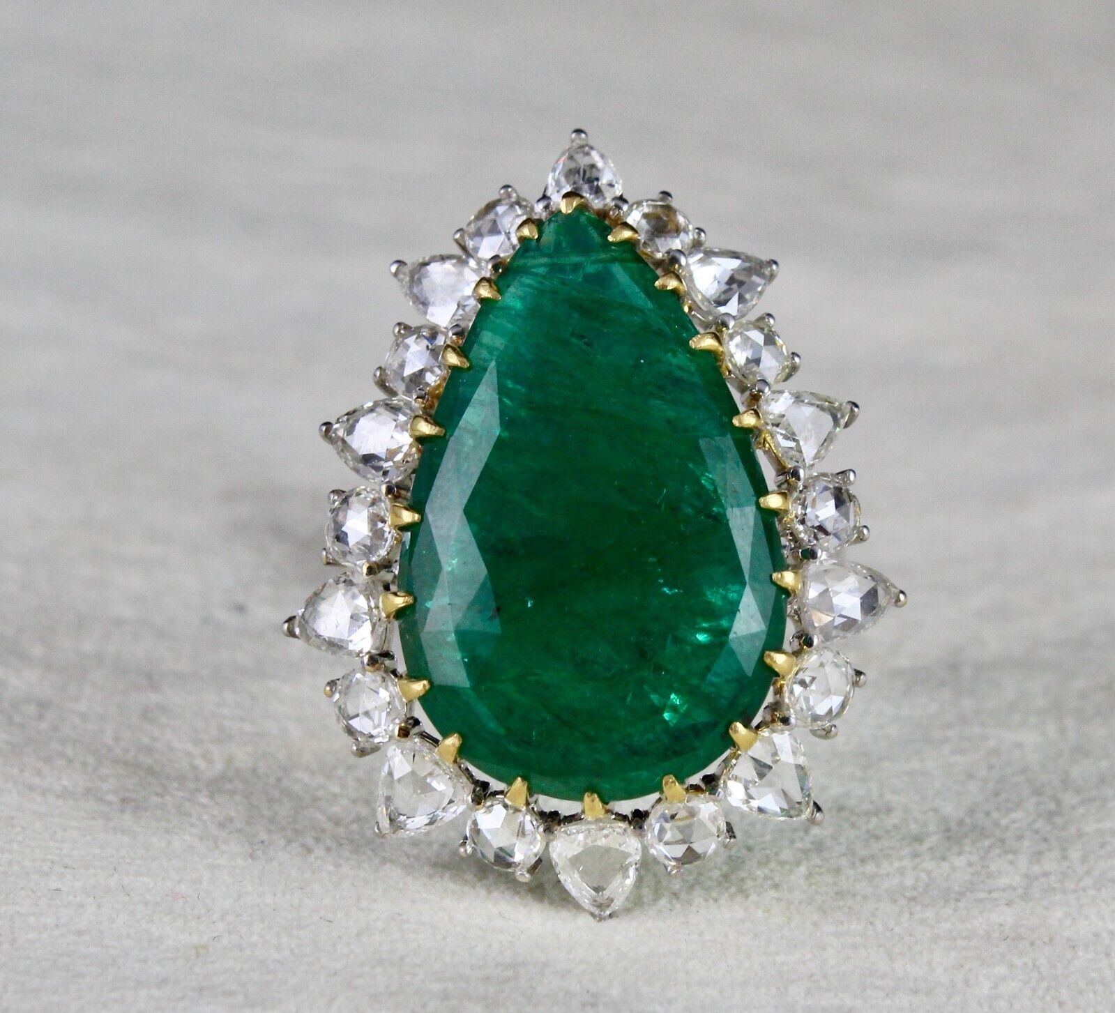 Big Natural Zambia Emerald Pear Cut Rose Cut Diamond 18K Gold Cocktail Ring