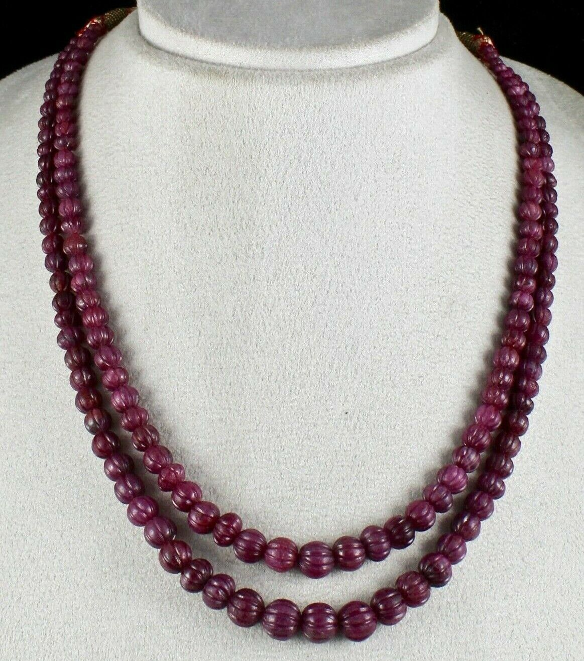 FINE NATURAL RUBY BEADS CARVED MELON 2 LINE 403 CARAT PRECIOUS GEMSTONE NECKLACE