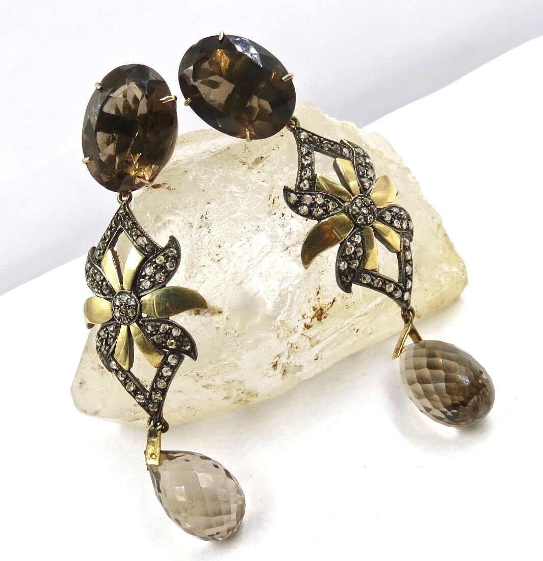 NATURAL SMOKY QUARTZ CUT GEMSTONE DIAMOND 18K GOLD VICTORIAN SILVER EARRING