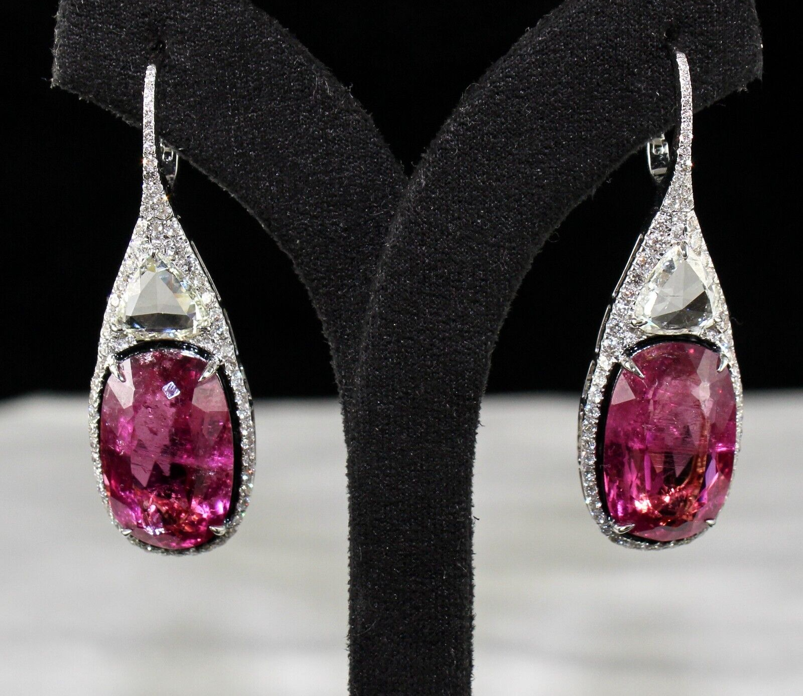 Certified Natural Rubellite Pink Tourmaline 63.9ct Diamond 18k Gold Earrings