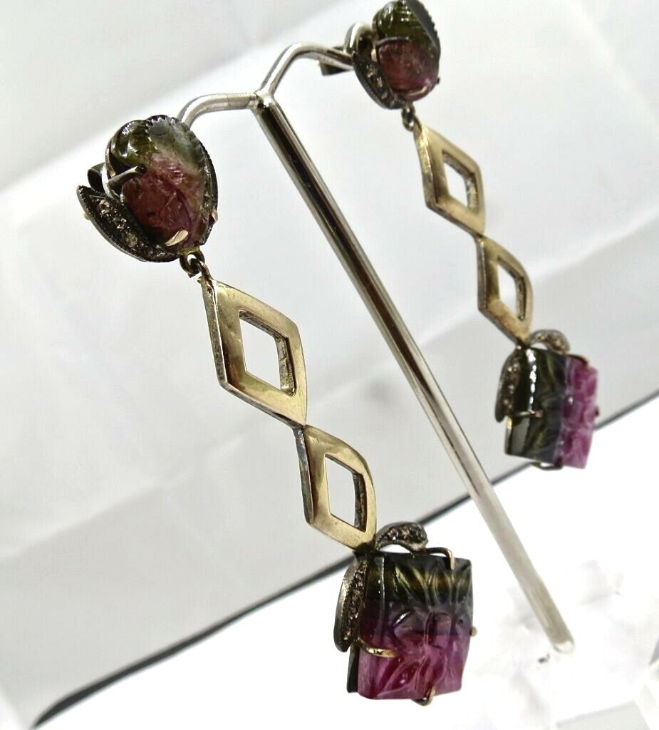 Natural Multi Tourmaline 79.63ct Natural Diamond 18k Sterling Silver Earrings