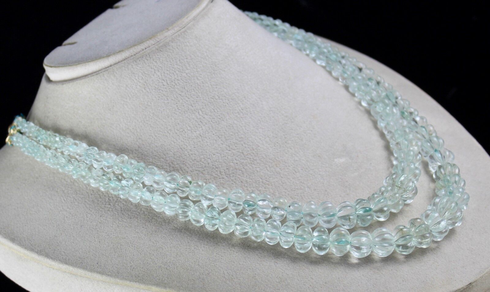 NATURAL AQUAMARINE BEADS CARVED 2 LINE 545 CARATS LADIES GEMSTONE MELON NECKLACE