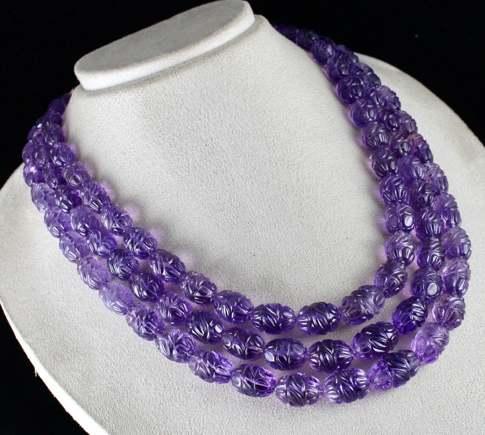Certified Natural Amethyst 1227 Ct Engraved Beads Purple Gemstone Necklace