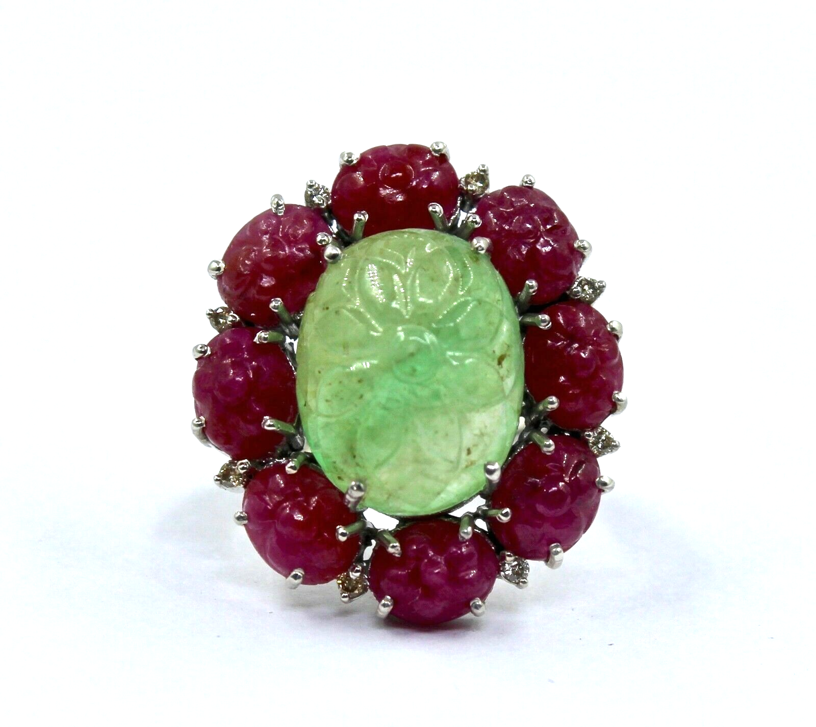 Certified Vintage Natural Emerald 10ct Ruby Diamond Sterling Silver Ring