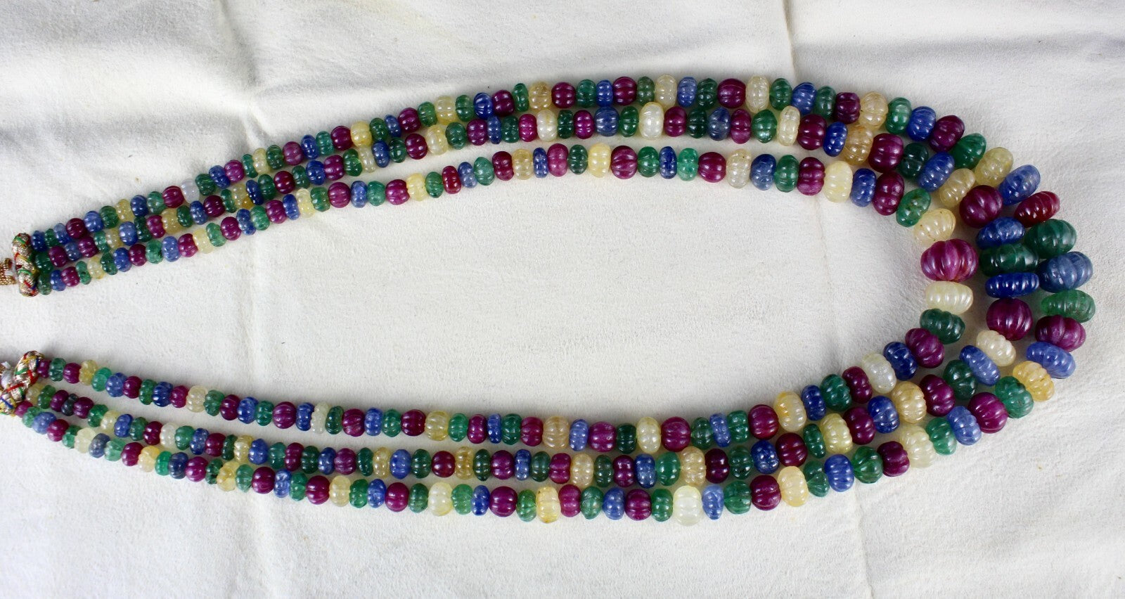 Certified Vintage Carved Emerald Ruby Sapphire Melon 973 Ct Necklace