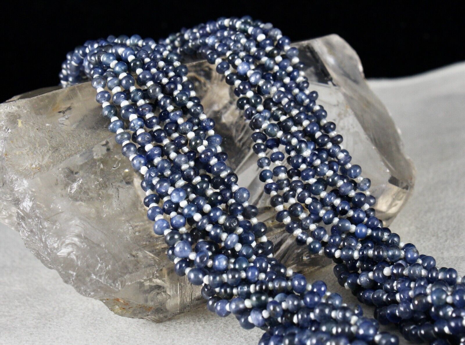 Certified Blue Sapphire & Pearl Round Beaded Necklace -11 L/649 Ct /Silver Clasp