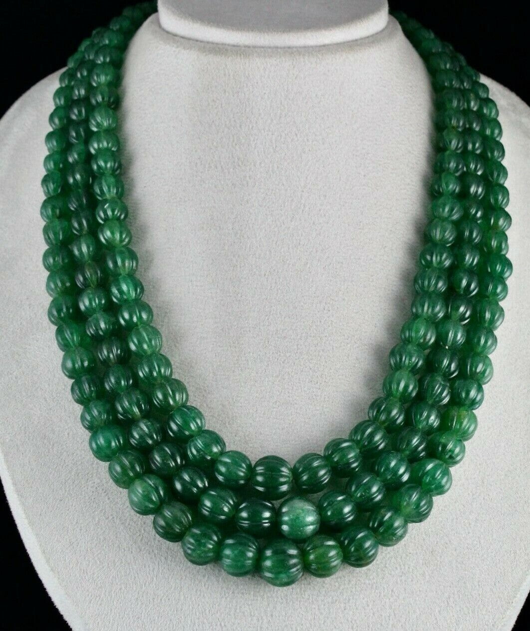Emerald Green Quartz Melon Beaded Necklace 1486 Ct Carved Gemstone