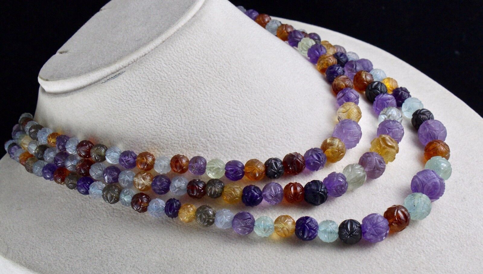NATURAL MULTI AMETHYST CITRINE AQUAMARINE BEADS CARVED 708 CTS GEMSTONE NECKLACE