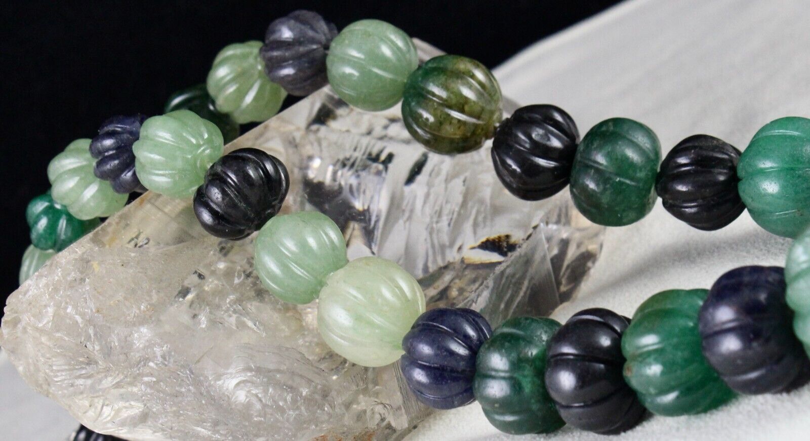 Natural Multi Jade Melon Carved Beads 960 Ct Blue Green Gemstone Silver Necklace
