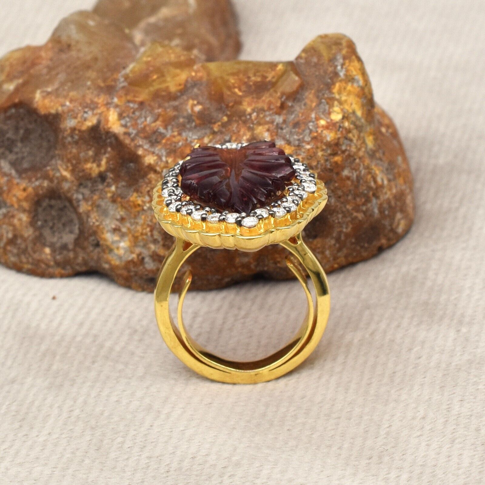 Fine Natural Pink Tourmaline Engraved Leaf Moissanite 925 Silver Statement Ring