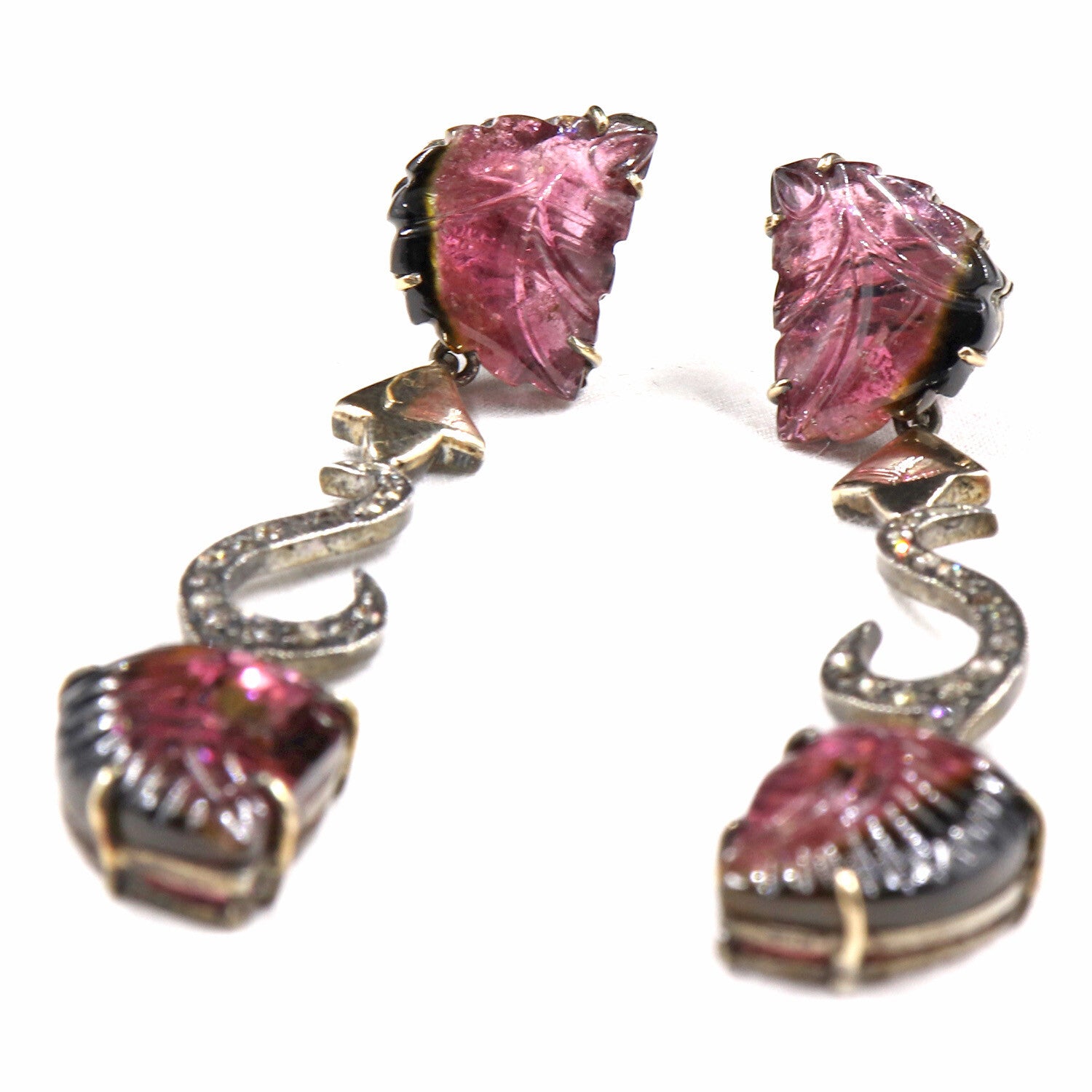 Bi Color Tourmaline 73ct Natural Diamond 18k Gold 925 Silver Victorian Earrings