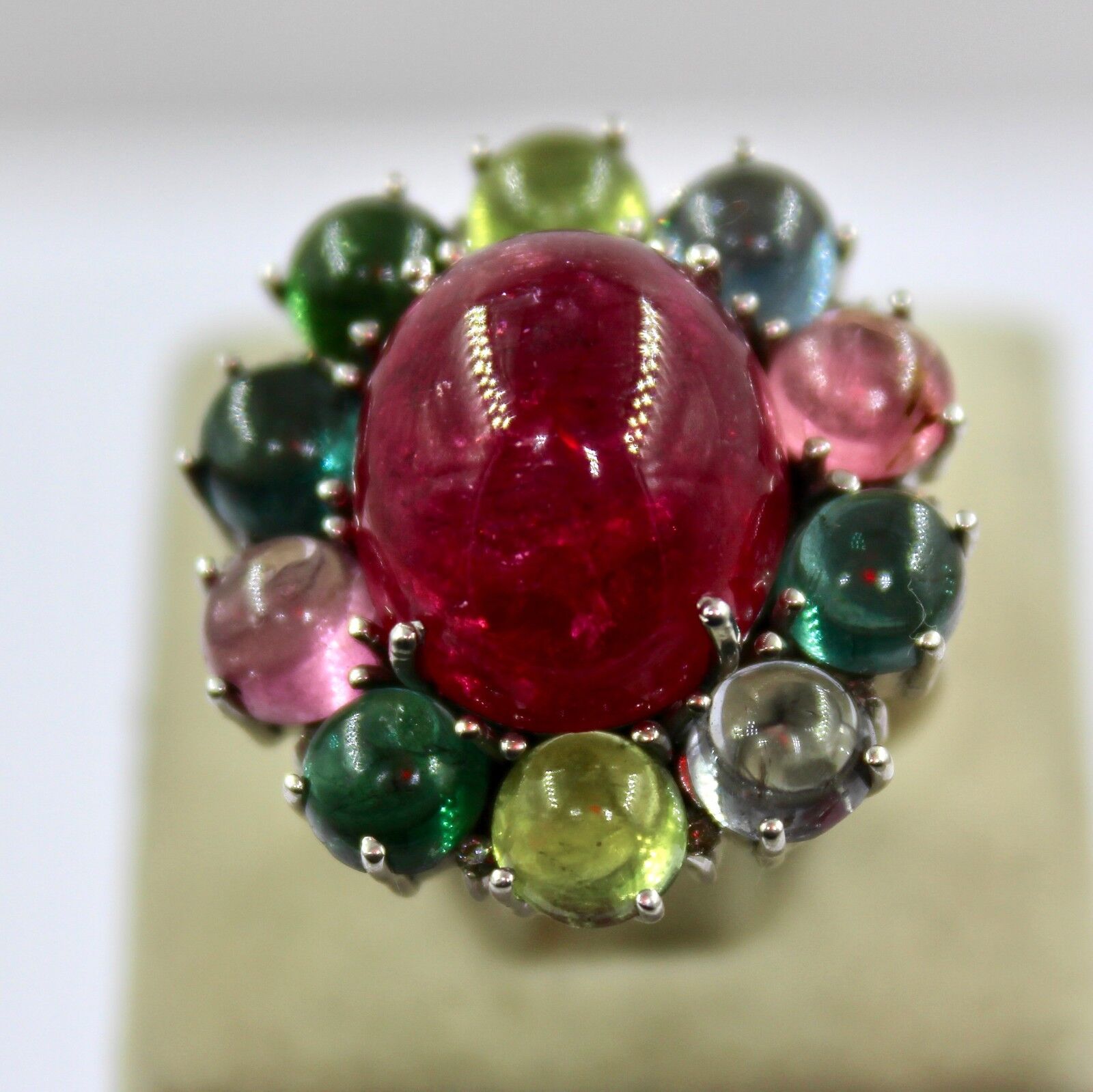 MULTI WATERMELON TOURMALINE CABOCHON DIAMOND 925 SILVER LADIES COCKTAIL RING