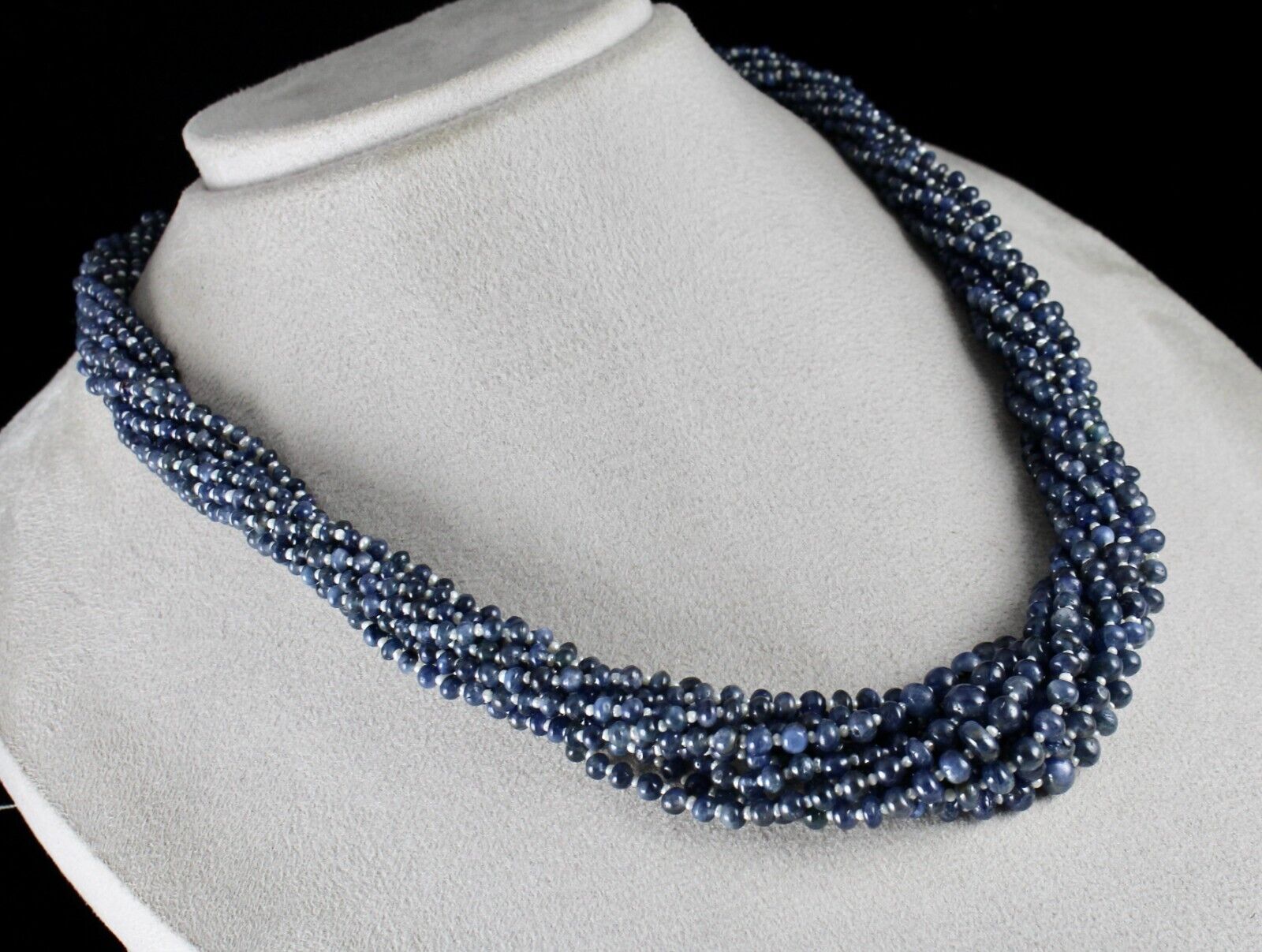 Certified Blue Sapphire & Pearl Round Beaded Necklace -11 L/649 Ct /Silver Clasp
