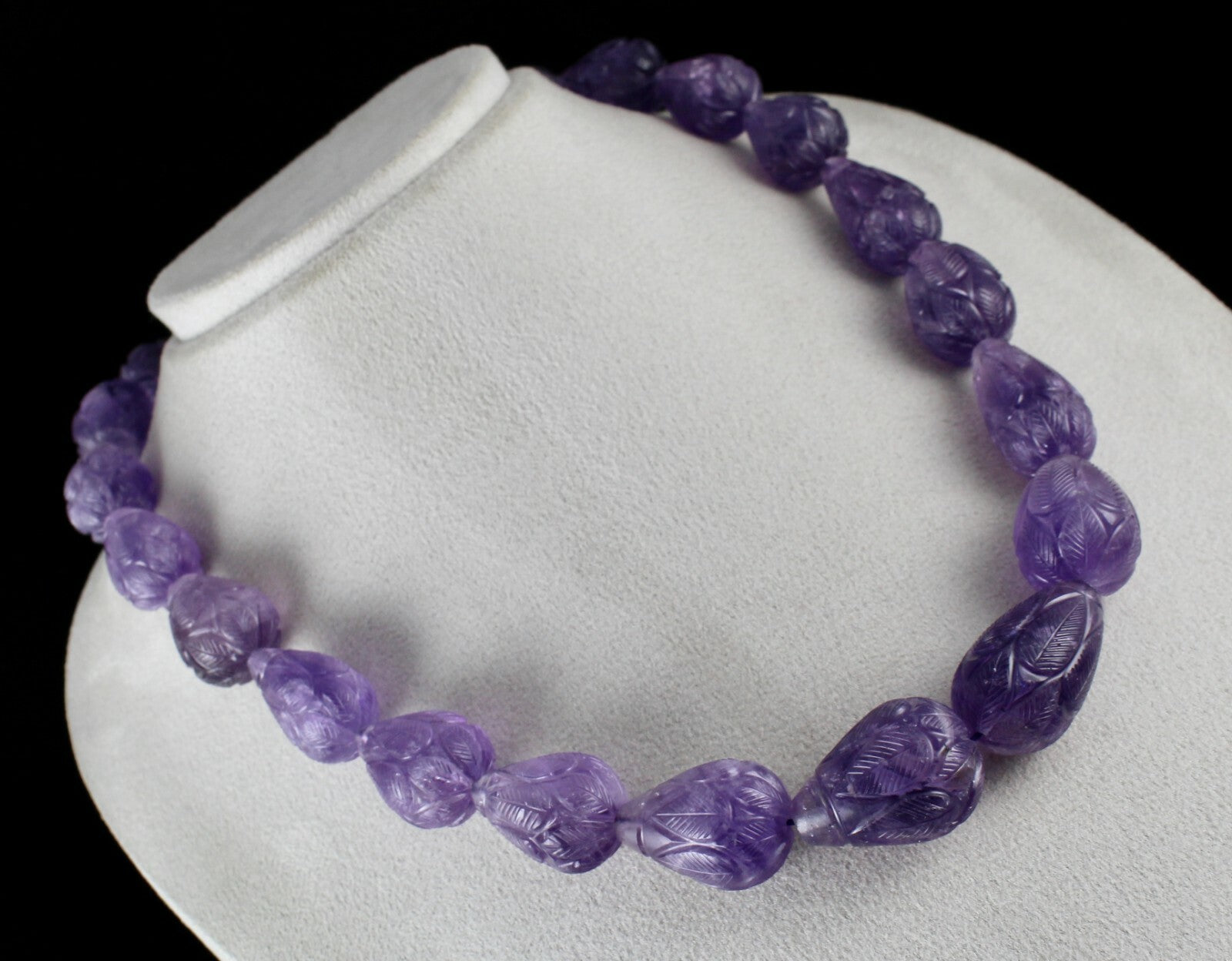 Certified Natural Amethyst Beads Necklace Carved Drop 1202 Ct Purple Gemstone