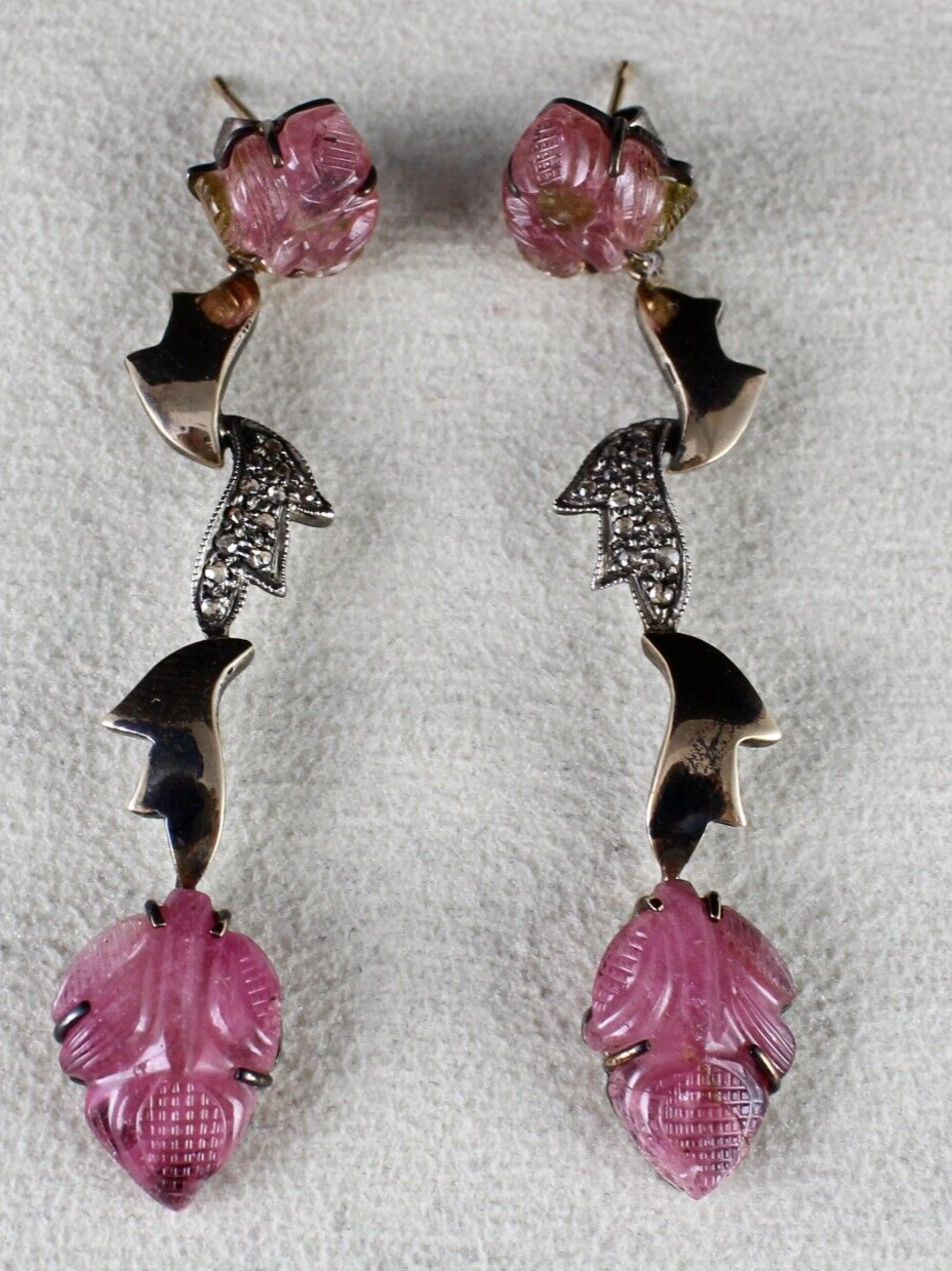 NAURAL PINK TOURMALINE CARVED DIAMOND 18K GOLD 925 SILVER VICTORIAN EARRING