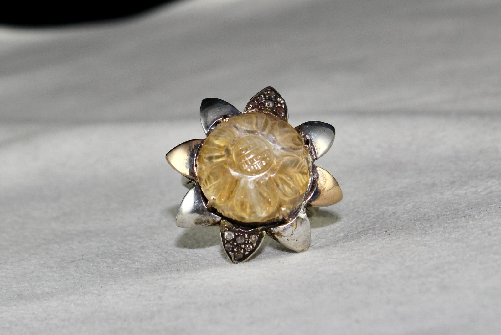 Antique Yellow Citrine 68ct Natural Diamond 18k Gold 925 Sterling Silver Ring