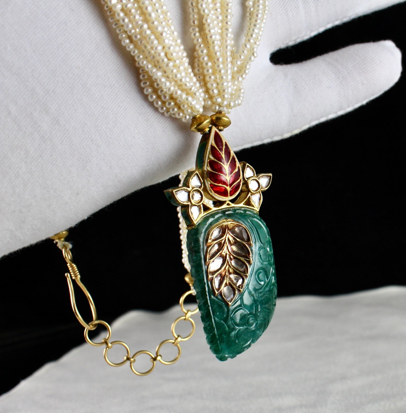 Certified Natural Zambia Emerald 10ct Natural Diamond Gold Jadau Necklace