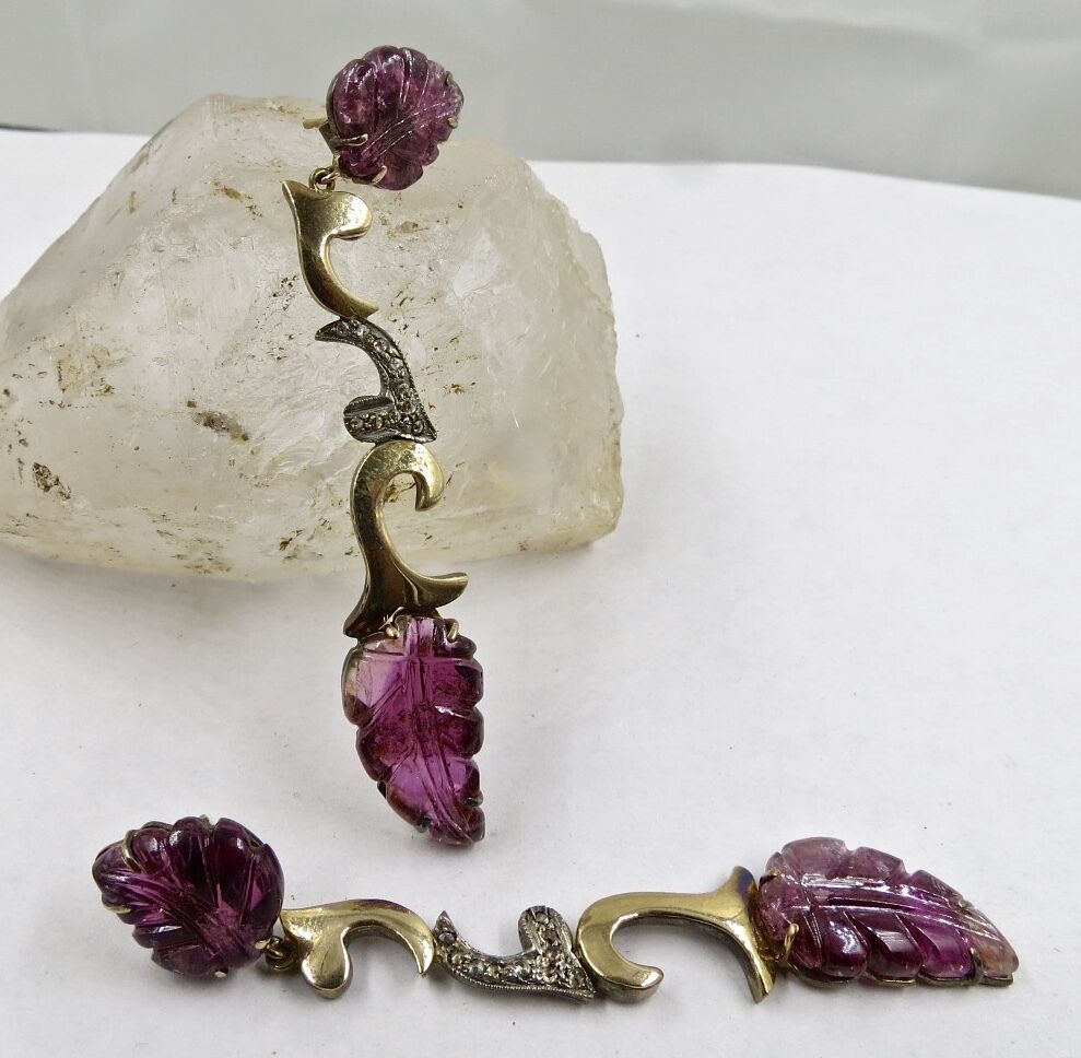 Estate Pink Tourmaline Carved Diamond 18K Gold Silver Victorian Dangle Earring
