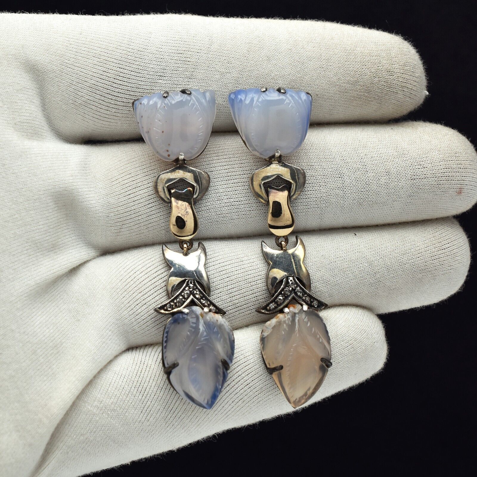 Vintage Blue Chalcedony Carved Diamond 18K Gold Silver Dangle Victorian Earring