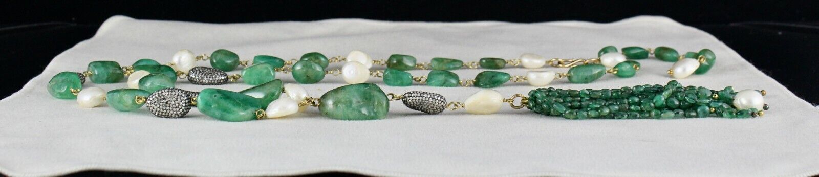 ESTATE NATURAL EMERALD TUMBLE BEADS DIAMOND PEARL 18K GOLD NECKLACE EARRING SET