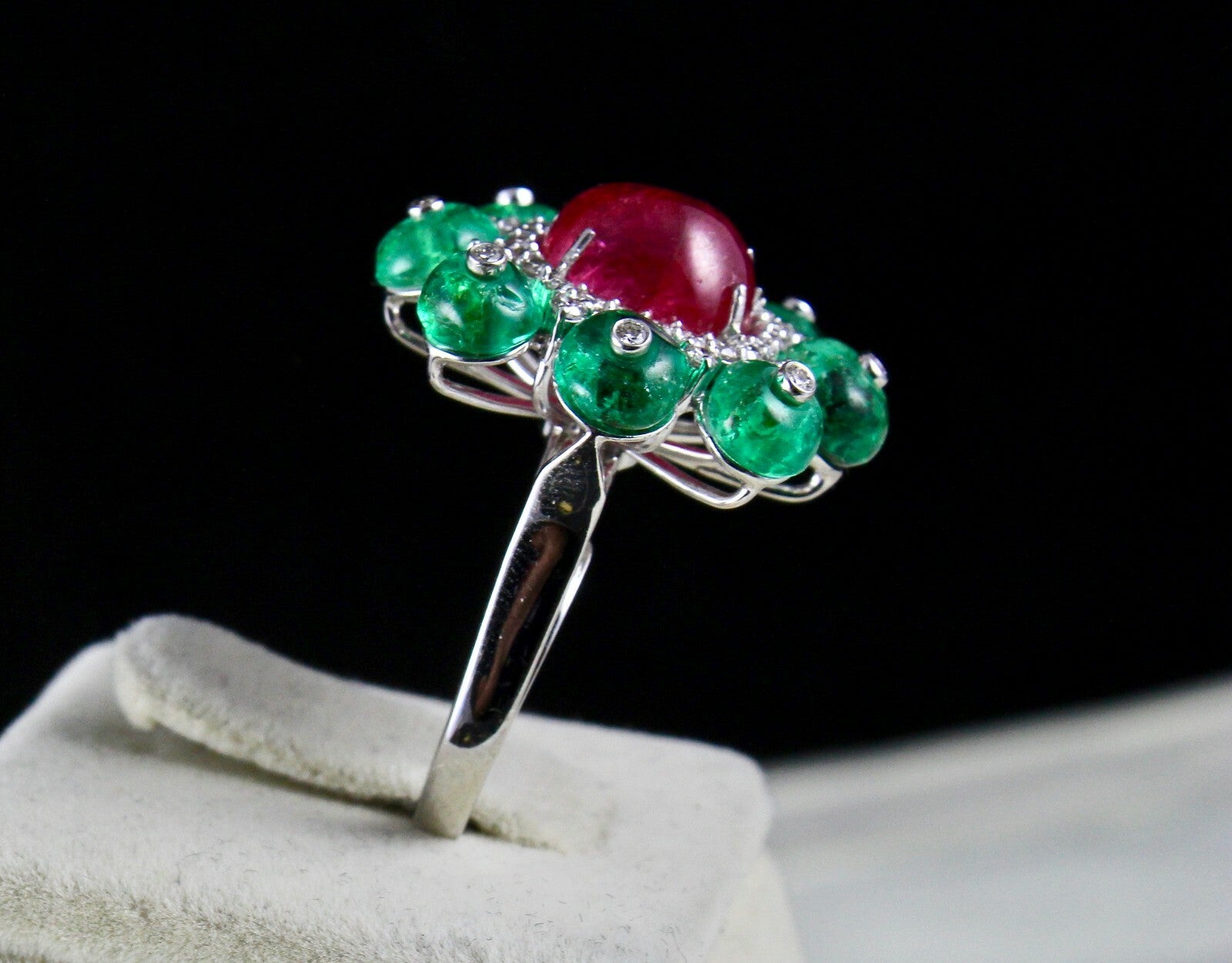 Certified Natural Burma Ruby 10ct Emerald Cabochon Natural Diamond 18k Ring