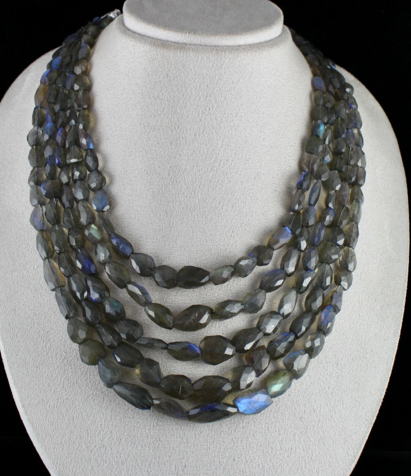 NATURAL BLACK LABRADORITE BEADS FACETED NUGGETS 5 LINE 993 CTS GEMSTONE NECKLACE