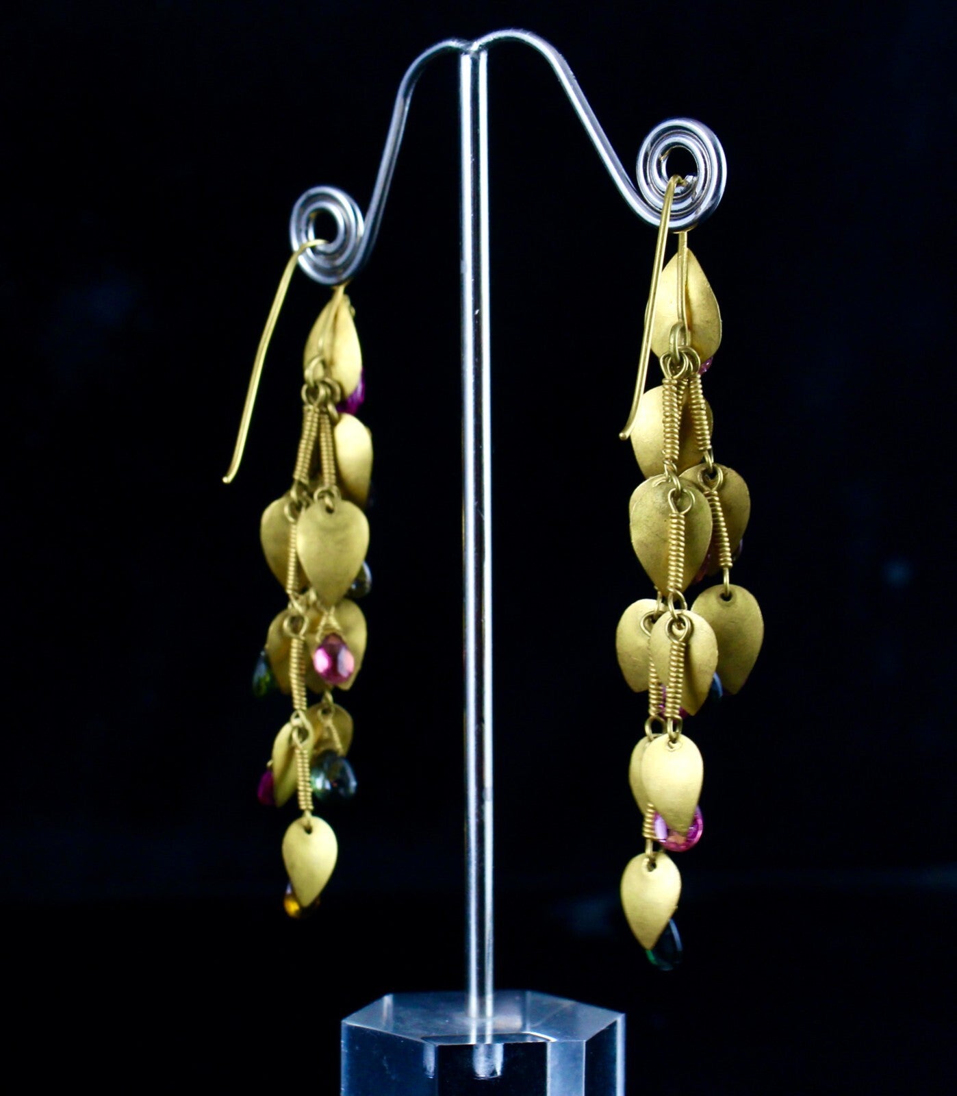 Certified Multi Colour Tourmaline 59ct Teardrops 18k Gold Leaf Earrings