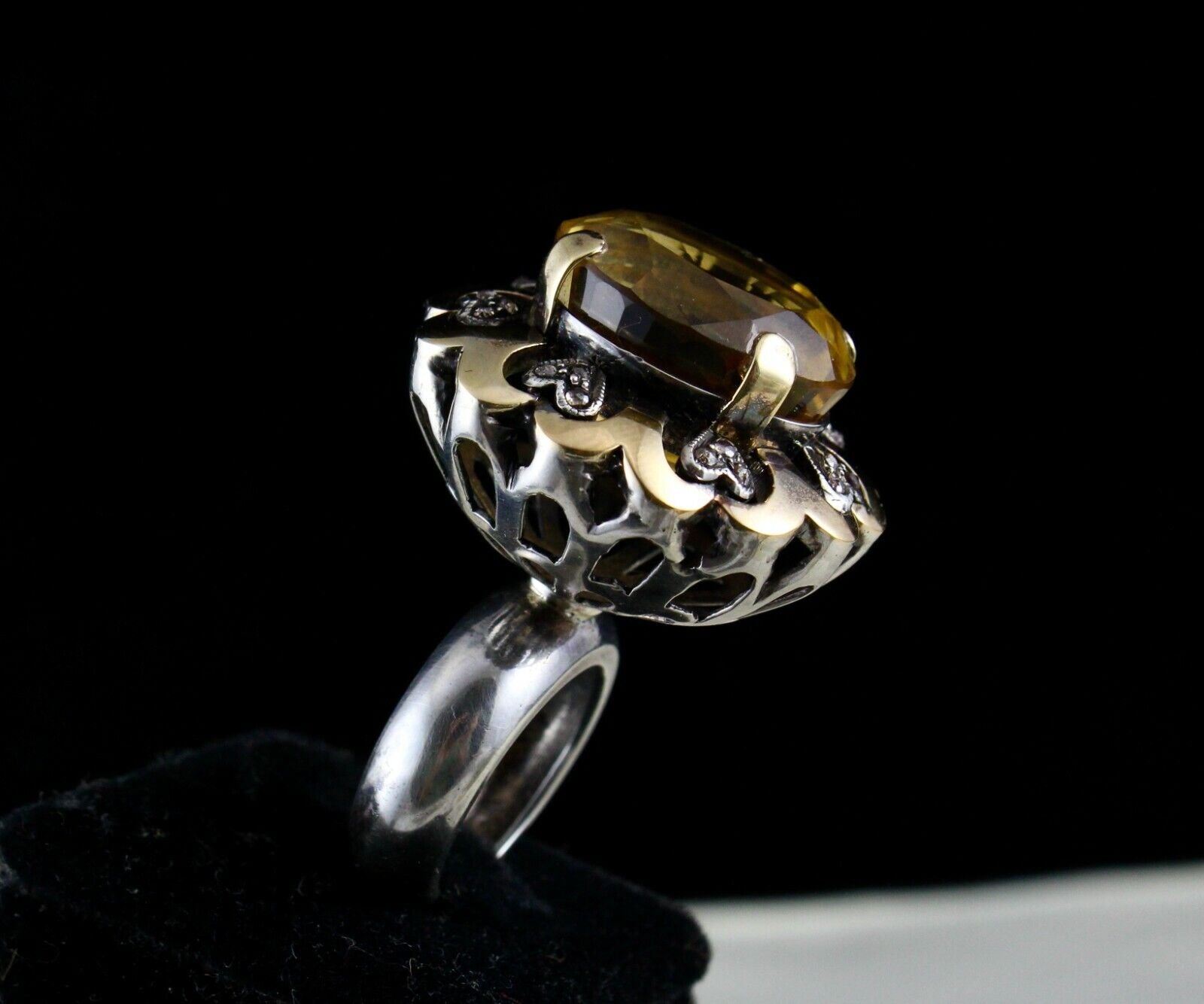 Antique Big Yellow Citrine Cut Diamond 18k Gold 925 Silver Ladies Victorian Ring