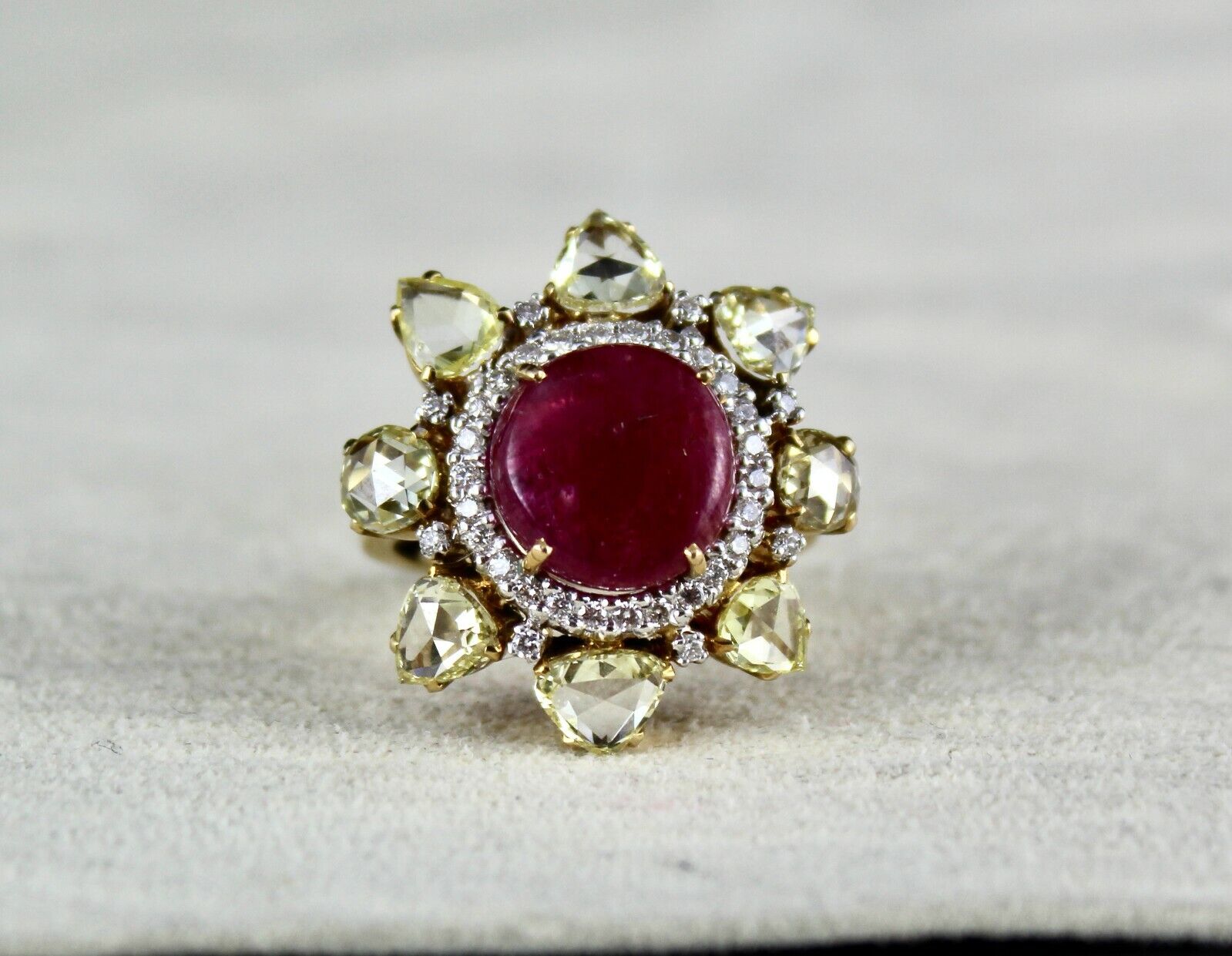 NATURAL UNHEATED BURMA RUBY CABOCHON YELLOW ROSE CUT DIAMOND 18K GOLD FINE RING