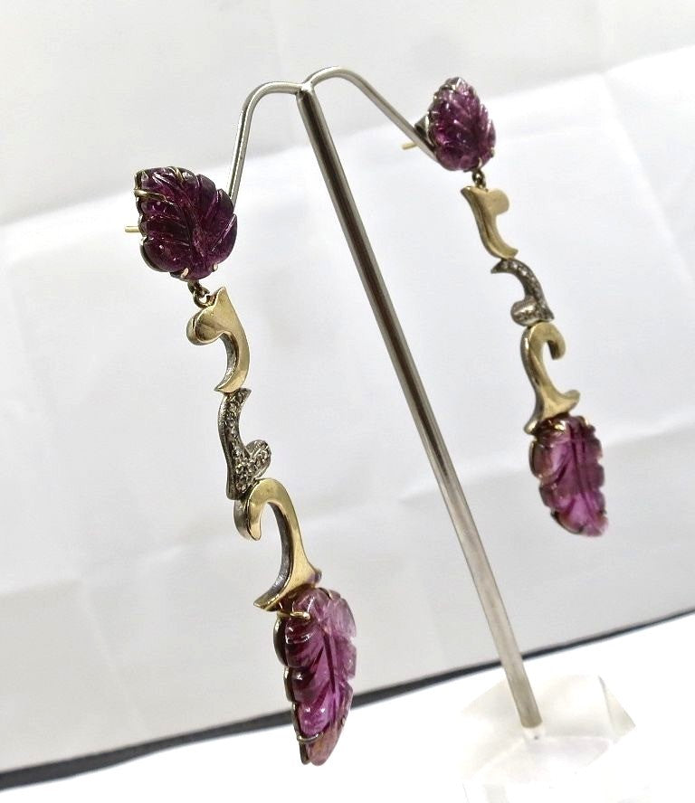 Estate Pink Tourmaline 67ct Natural Diamond 18k Gold Sterling Silver Earrings