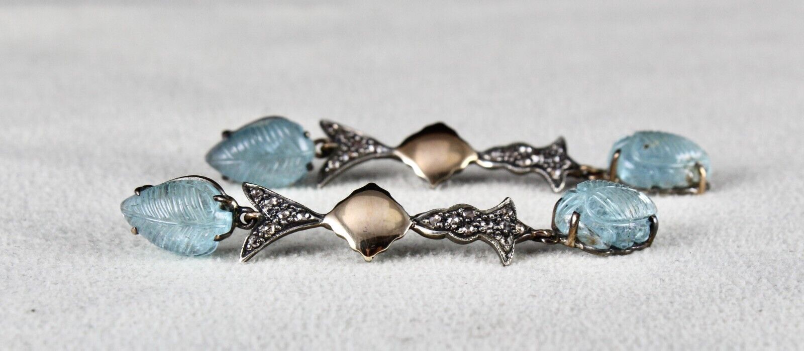 NATURAL BLUE AQUAMARINE CARVED DIAMOND 18K GOLD 925 SILVER VICTORIAN EARRING