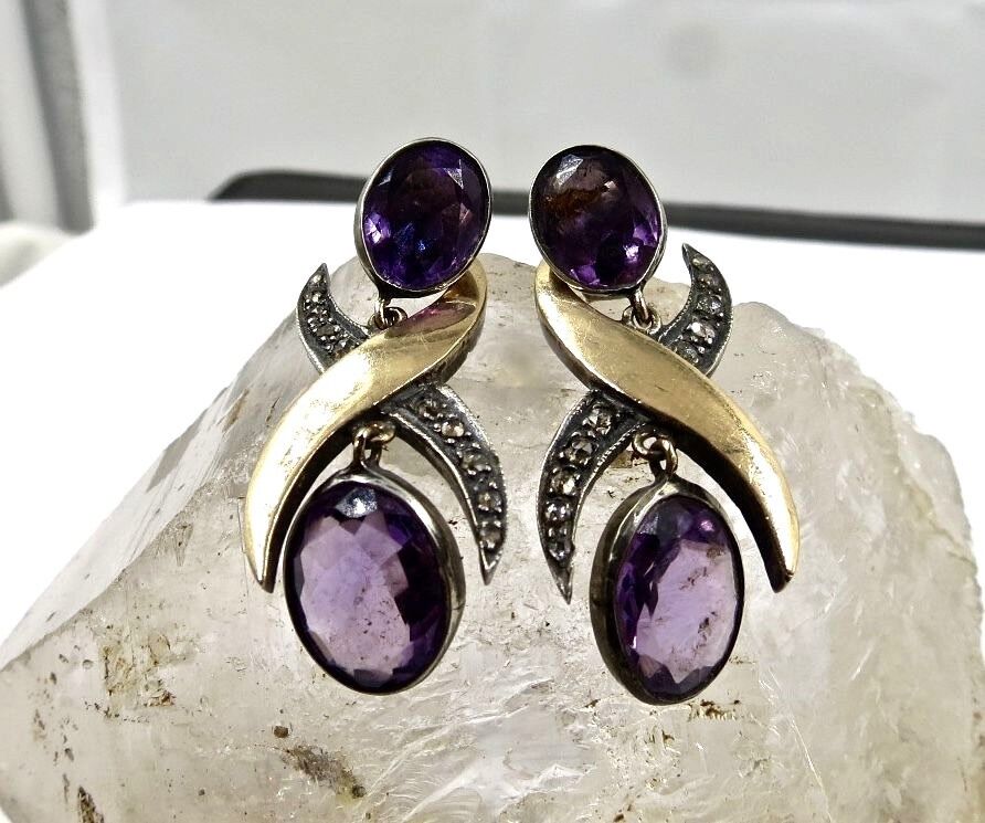 Natural Amethyst Cut Diamond 18K Gold 925 Silver Gemstone Fine Victorian Earring