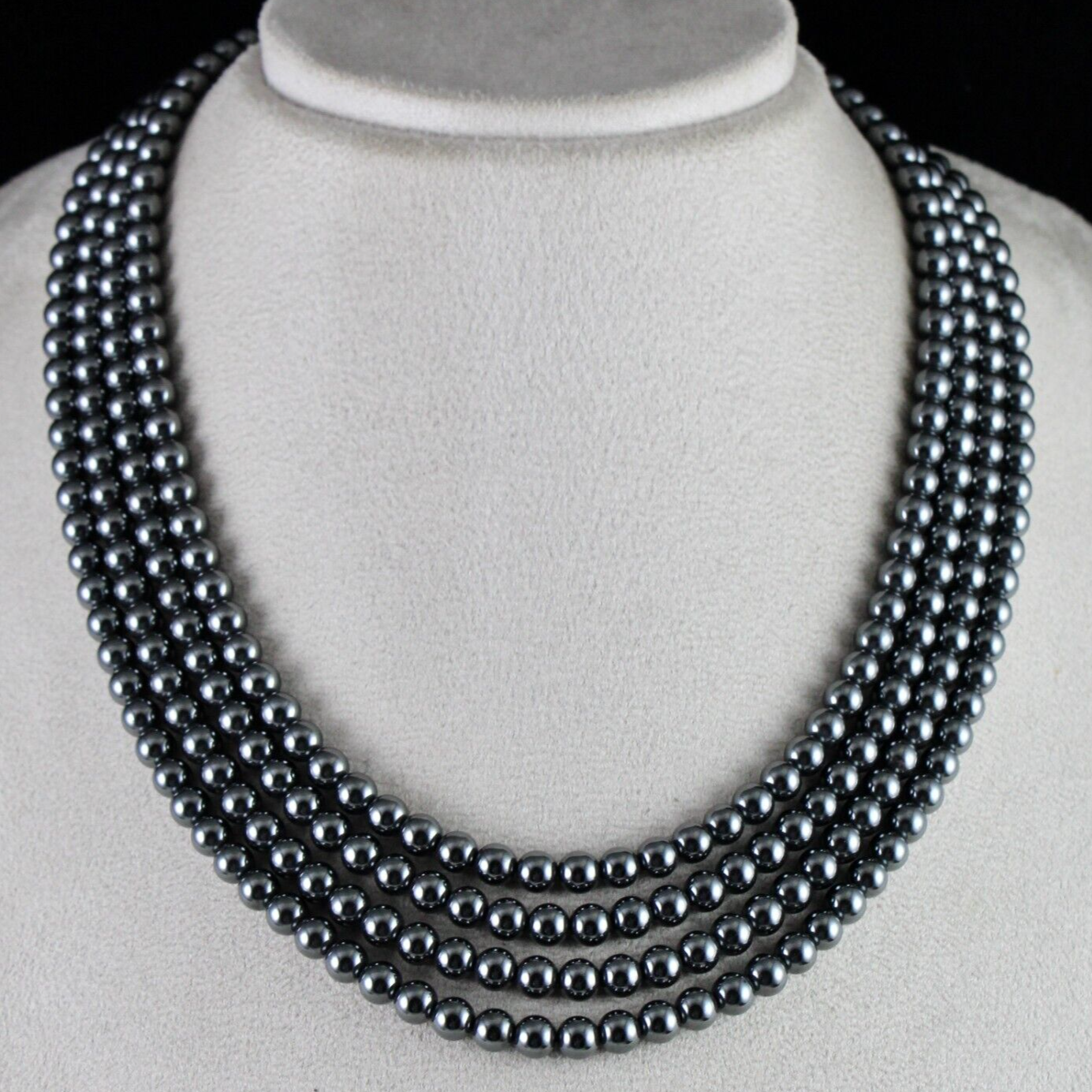 Hematite Beads Necklace 902 Ct, 4 Line 6mm Round Black Gemstone Fashion
