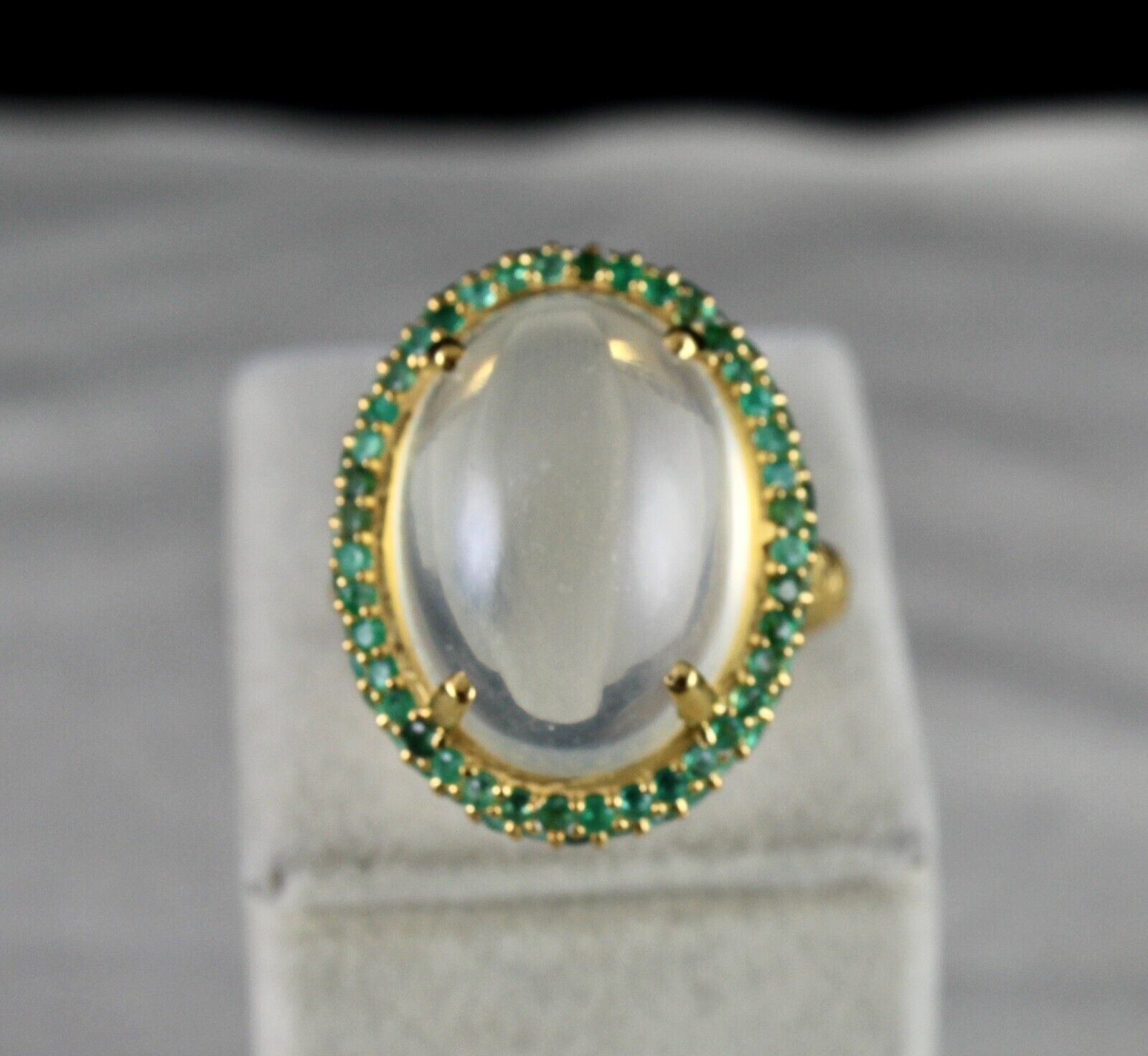 NATURAL MOONSTONE CABOCHON EMERALD 925 STERLING SILVER FINE DESIGN GEMSTONE RING