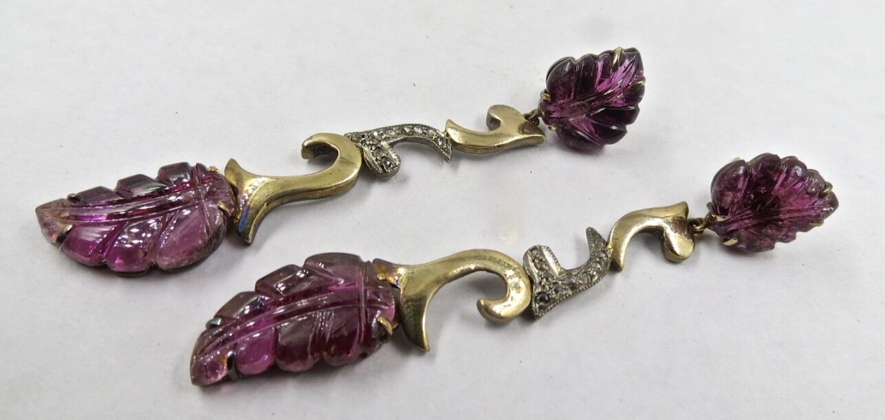 Estate Pink Tourmaline Carved Diamond 18K Gold Silver Victorian Dangle Earring
