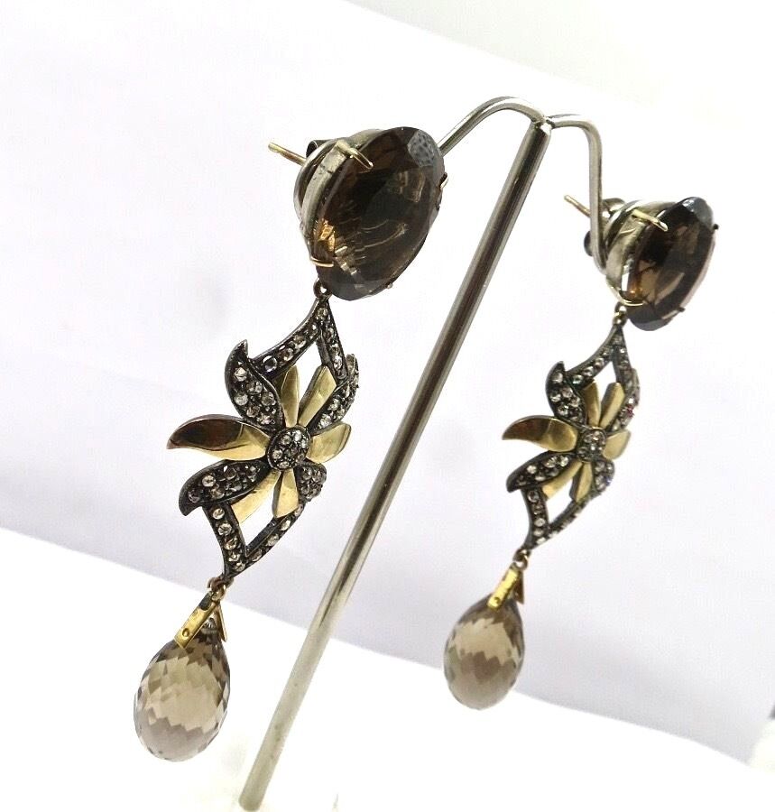 NATURAL SMOKY QUARTZ CUT GEMSTONE DIAMOND 18K GOLD VICTORIAN SILVER EARRING