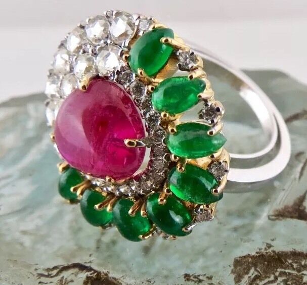 Natural Burma Ruby Zambia Emerald Cabochon White Diamond 18K Gold Statement Ring