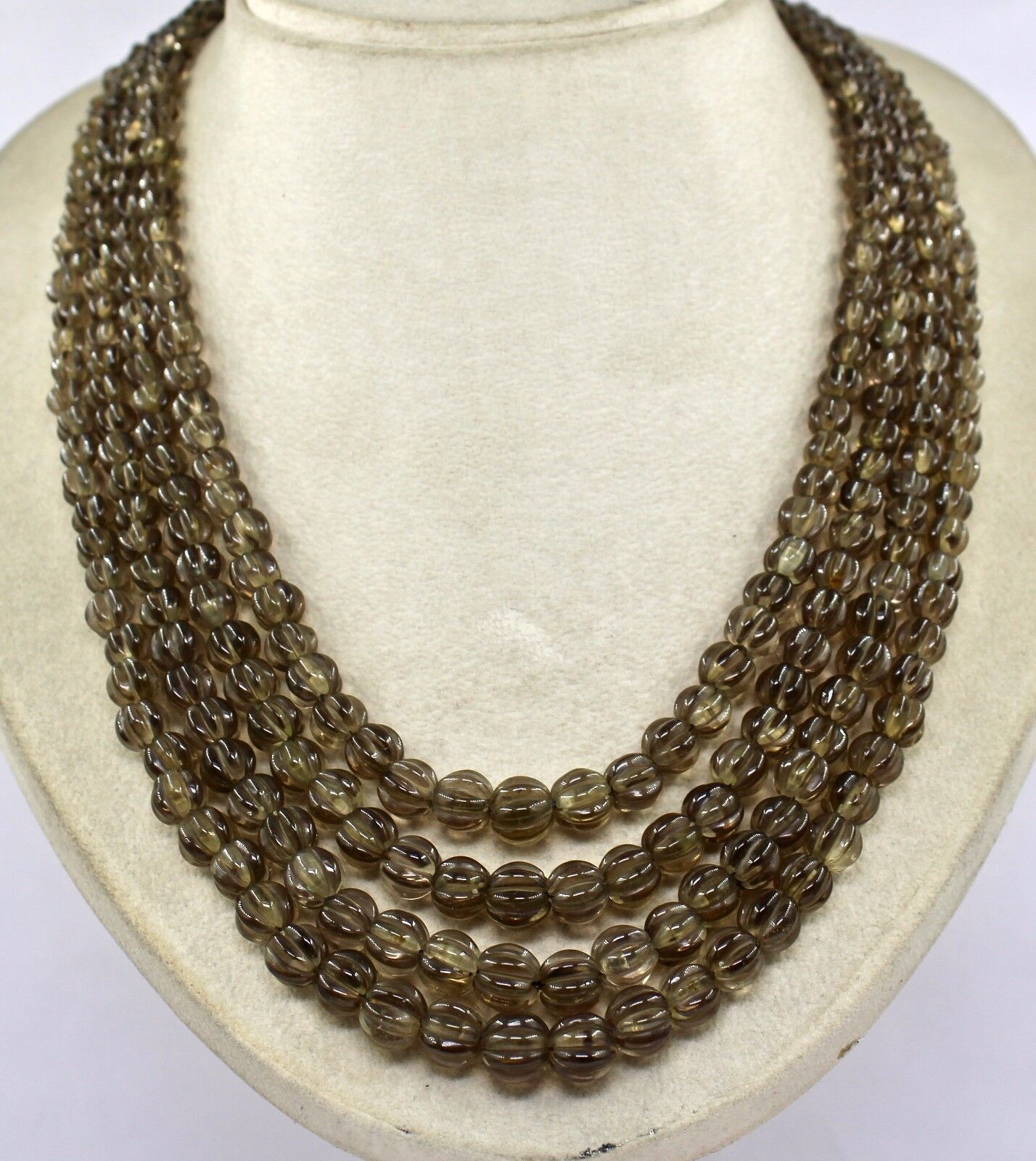 Natural Smoky Quartz Beads Carved Melon 4 L 762 Carats Antique Gemstone Necklace