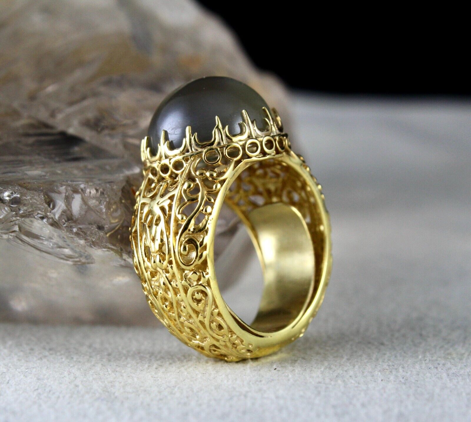 NATURAL MOONSTONE CABOCHON CARVED 925 STERLING SILVER FINE DESIGN GEMSTONE RING
