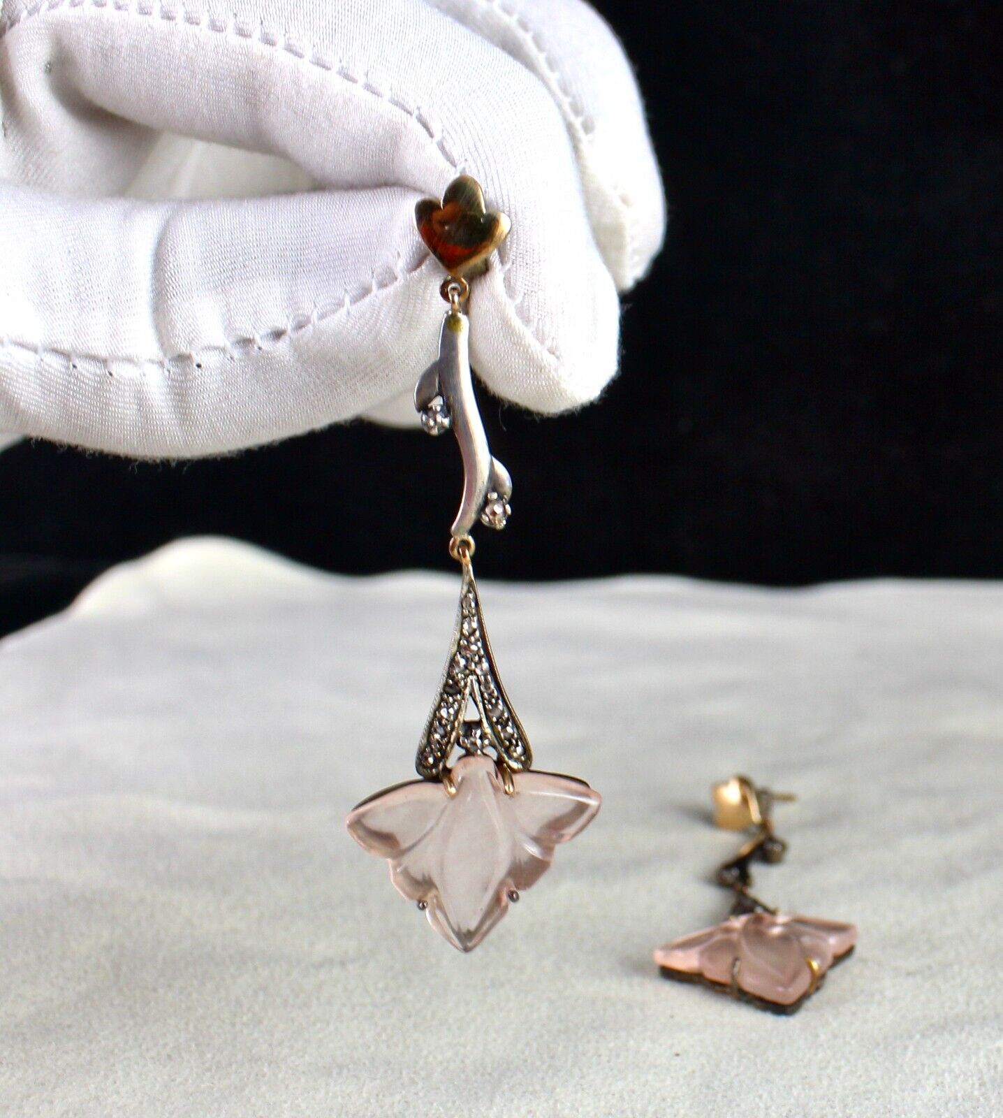 NATURAL ROSE QUARTZ CARVED LEAF DIAMOND 18K GOLD 925 SILVER VICTORIAN EARRING
