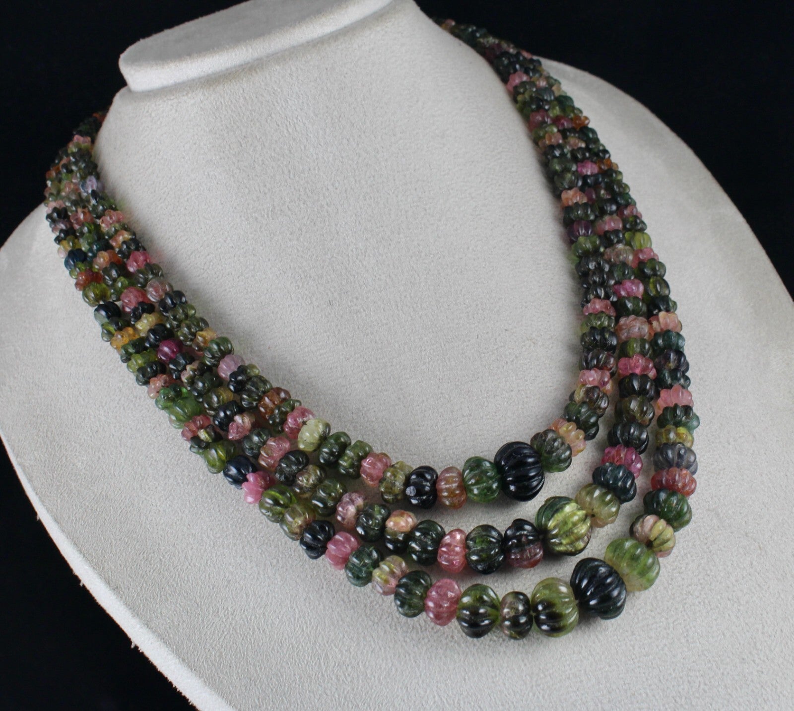 Certified Estate Natural Multi Tourmaline 920ct Melon Carved Gemstone Necklace