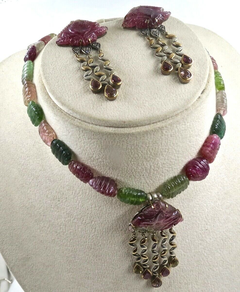 MULTI COLOUR TOURMALINE CARVED BEADS DIAMOND 18K GOLD SILVER PENDANT EARRING SET