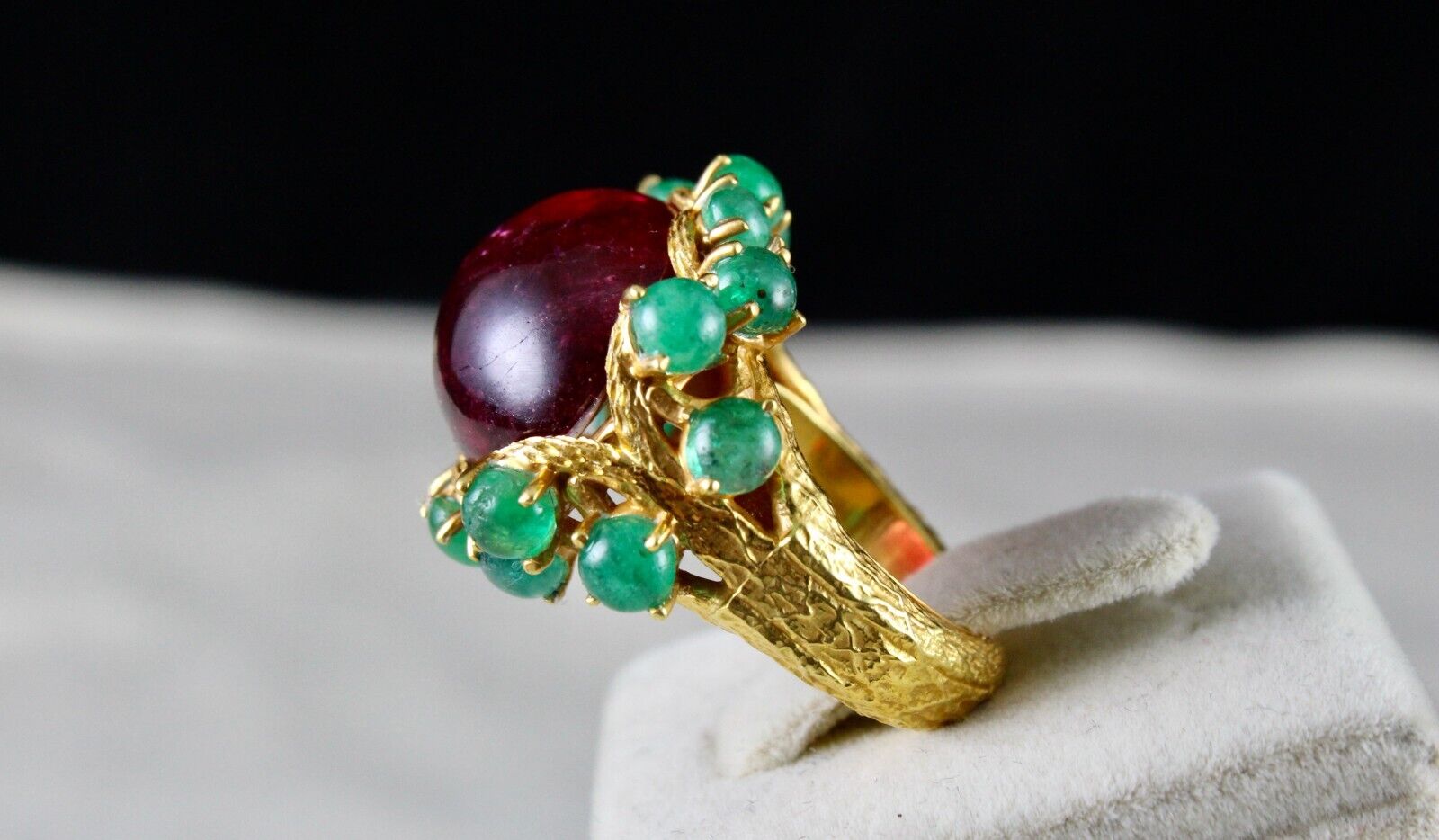 UNIQUE NATURAL PINK TOURMALINE EMERALD CABOCHON CARVED SILVER GOLD PLATED RING