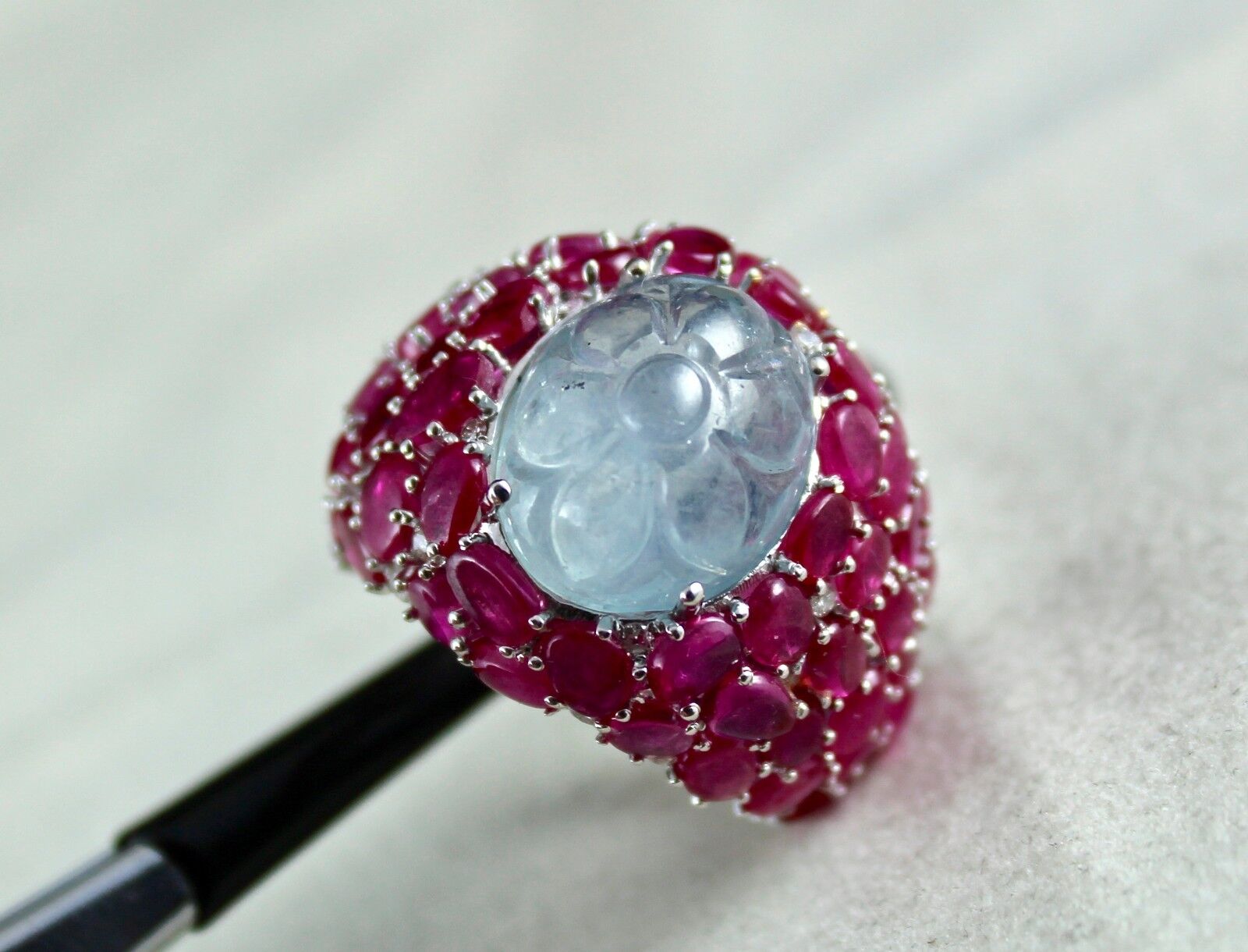 Natural Blue Sapphire Carved Rubies Cabochon Diamond Studded 18k Gold Party Ring