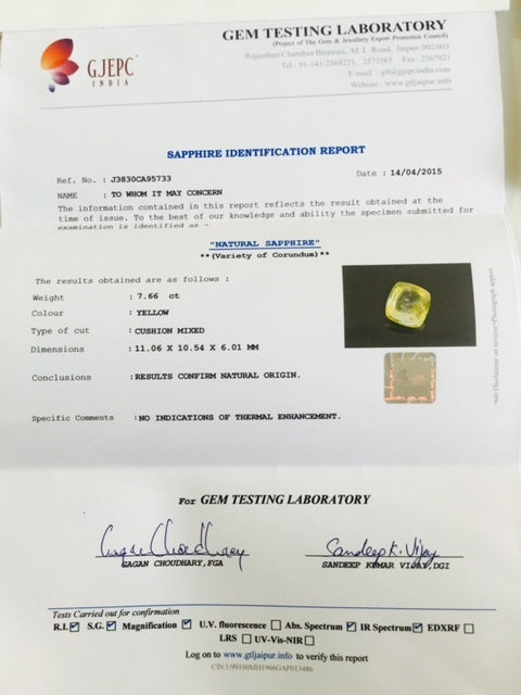 Certified Natural Unheated Ceylon Yellow Sapphire 7.67ct Cushion Ring Pendant